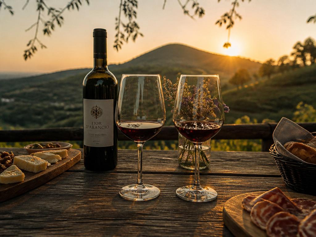Wine and cheese on a vineyard table at sunset